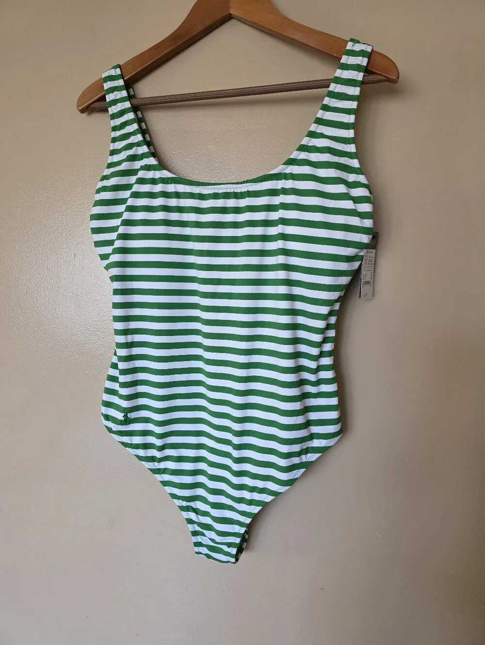 Polo Ralph Lauren Green White Stripe  Swimsuit L Pony Preppy Coastal Old Money